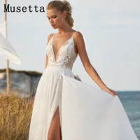 boho high split chiffon wedding dress lace appliques sleeveless beach bridal gown backless a line floor length vestidos de novia
