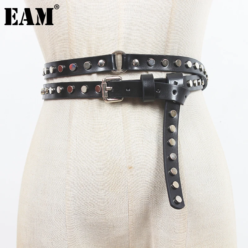 

[EAM] женский длинный широкий ремень из искусственной кожи черного цвета с металлическими заклепками; Новинка; Модная универсальная обувь; Се...
