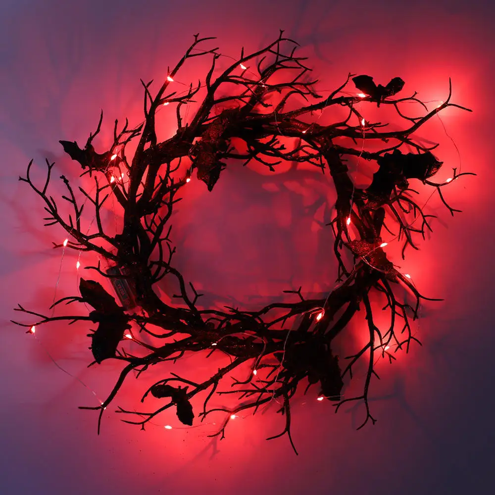 

45cm Halloween Wreath Bat Black Branch Wreaths With Red Led Light Wreaths For Doors Window Flower Garland Halloween Decoration