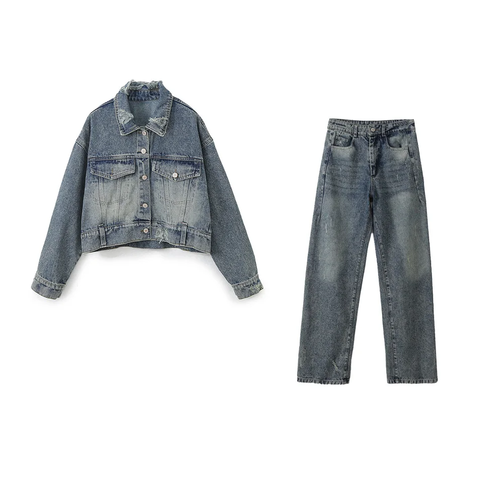 PB &amp ZA женское осеннее новое модное рваное джинсовое короткое пальто 2024 прямые