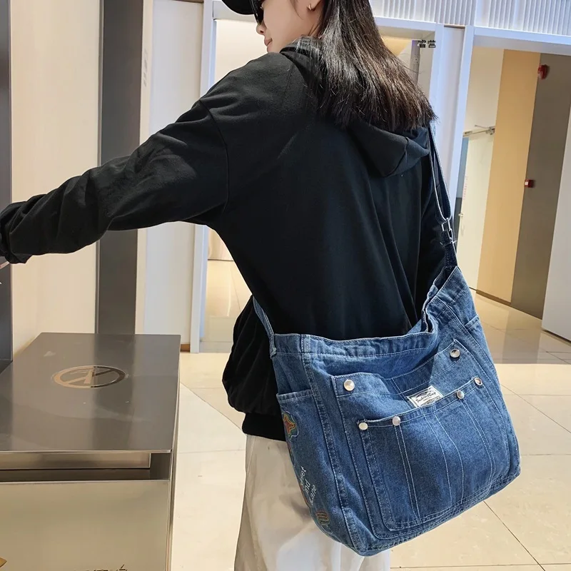 

Denim Shoulder Bags Canvas Embroidery Totes Fastoralism Female Packages Large Capacity Leisure or Travel Bag for Women Book Bag