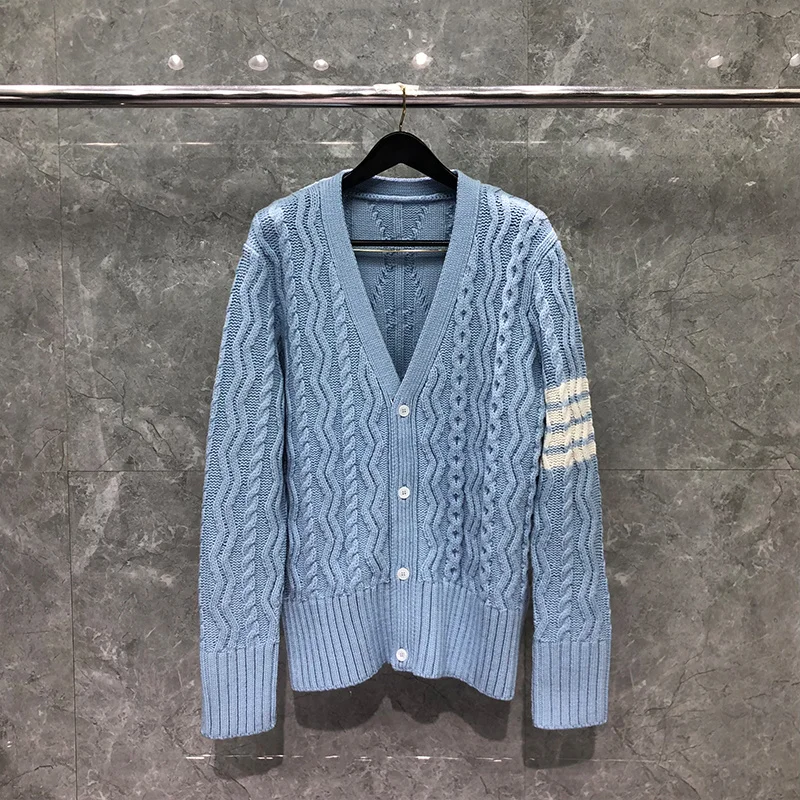 TB THOM Men's Sweater Merino Wool Aran Cable 4-Bar Stripe V-Neck Cardigan For Women Sweaters 2023 Autumn Korean Brand Blue Coat