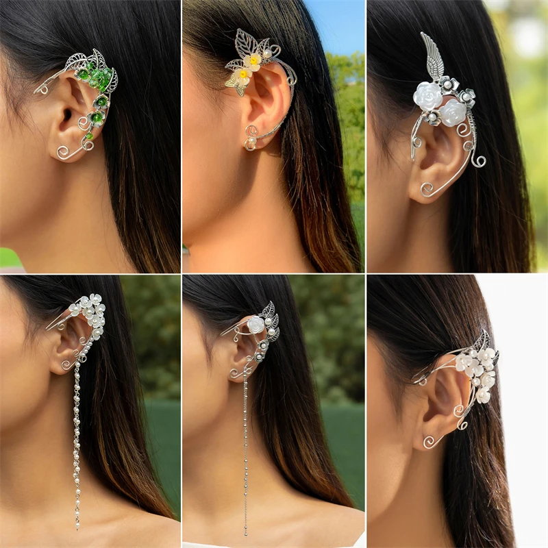 

Retro Non-piercing Flowers Ear Bone Clip Rose Branch Vine Leaf Elf Tassel Clip Earrings For Women Handmade Ear Cuff Jewelry 1Pcs