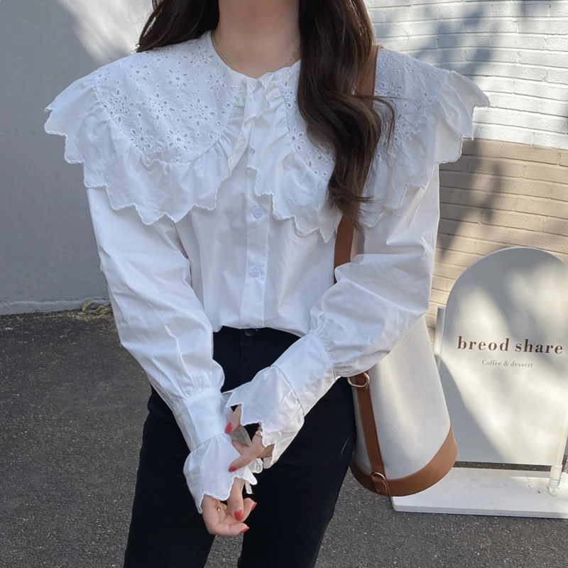 

Hollow Out Embroidery White Shirt Women Blouses 2022 Spring Autumn New Korean Style Ruffled Doll Collar Top Blusas Mujer De Moda