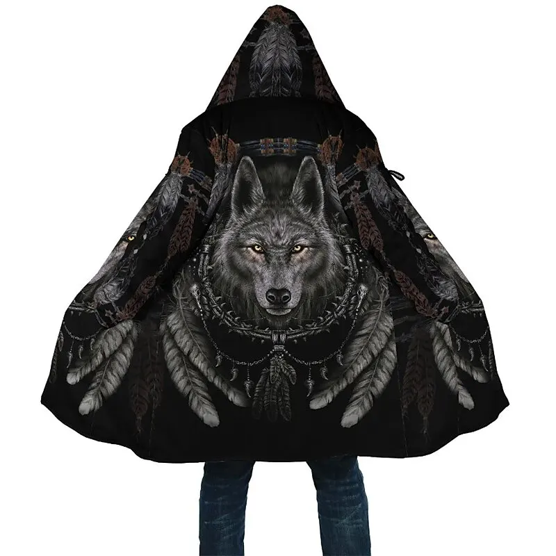 

2023 Winter Fleece Coat Jackets Outerwear Sweatshirts Zip Up Hoodies Wolf Eagle Feather Tribal Graphics Parka Overcoat Clothing