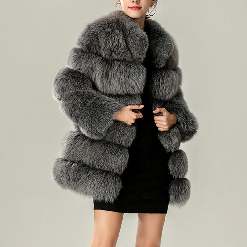 High Quality Winter Thick Warm Women Fluffy Coat Stand Collar Faux Fur Jacket Silver Fox Fur Coats Luxury Fashion Overcoat