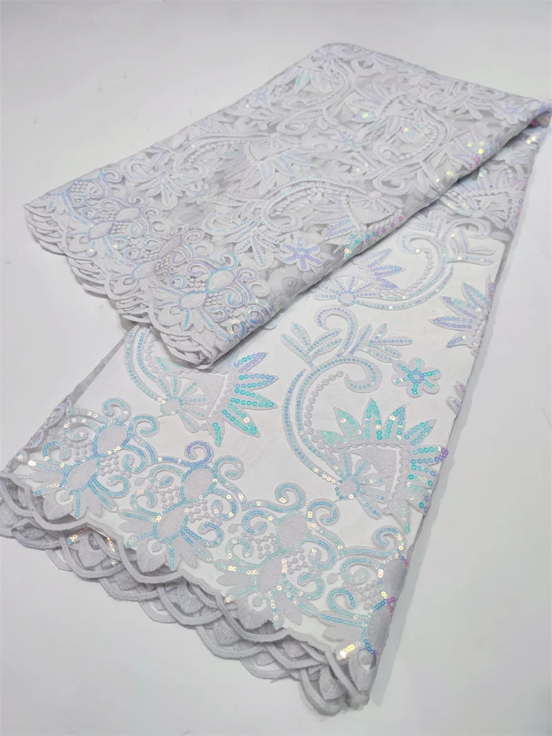 

African Pure White Lace 5 Yards Tulle Fabric 2022 High Quality Embroidered Sequin Lace Fabric For Wedding Birthday Dress Sew