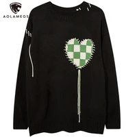 aolamegs sweaters men checkerboard plaid heart tassel patch plaid knitted jumpers casual fashion college style couple streetwear