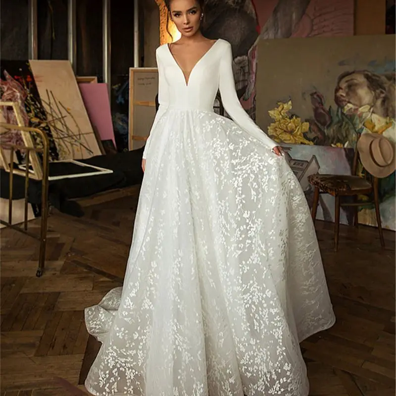 

Длинные Простые Свадебные платья, элегантное сексуальное платье с длинным рукавом и глубоким V-образным вырезом, а-силуэт, элегантное круже...