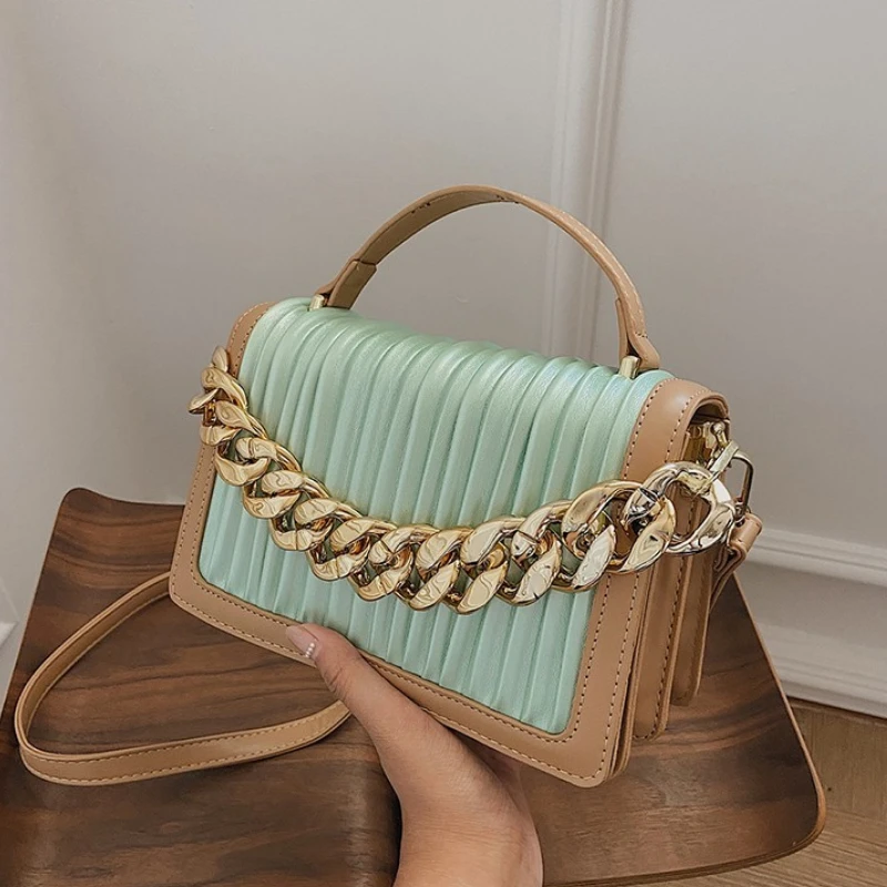 

Pleated PU Leather Handbag Luxury Brand Thick Chain with Handle Shoulder Bags for Woman 2022 Small Square Bag Sac A Main