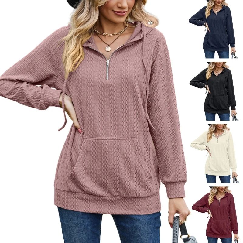 

Womens Fashion Half Zipper Loose Tops Long Sleeve Sweatshirts Hooded Pullover