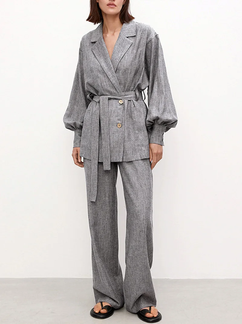 

Женский льняной офисный комплект из двух предметов, однотонный серый костюм с длинным рукавом и Блейзер, Осень-зима 2022