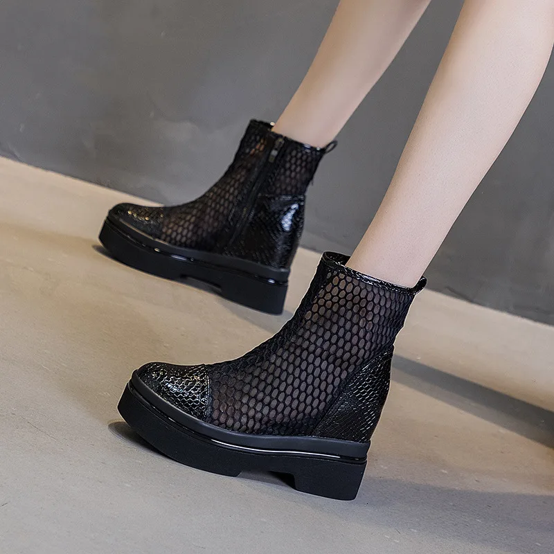 2023 Women High Heel Boots Mesh Hollow Out Transparent Boots Platform Shoes Black Boots Outdoor Women Summer High Top Shoes