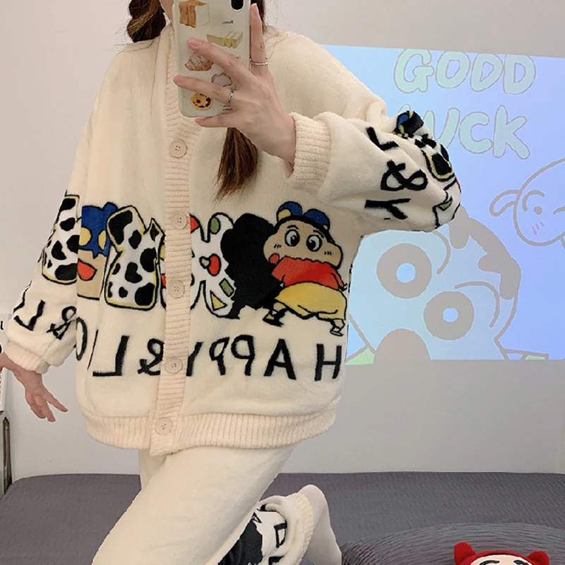 2Pcs Top Pants Suit Pyjamas Winter Flannel Warm Cardigan Cartoon Pajamas Set Women Girl Home Clothes Fleece Thicken Sleepwear