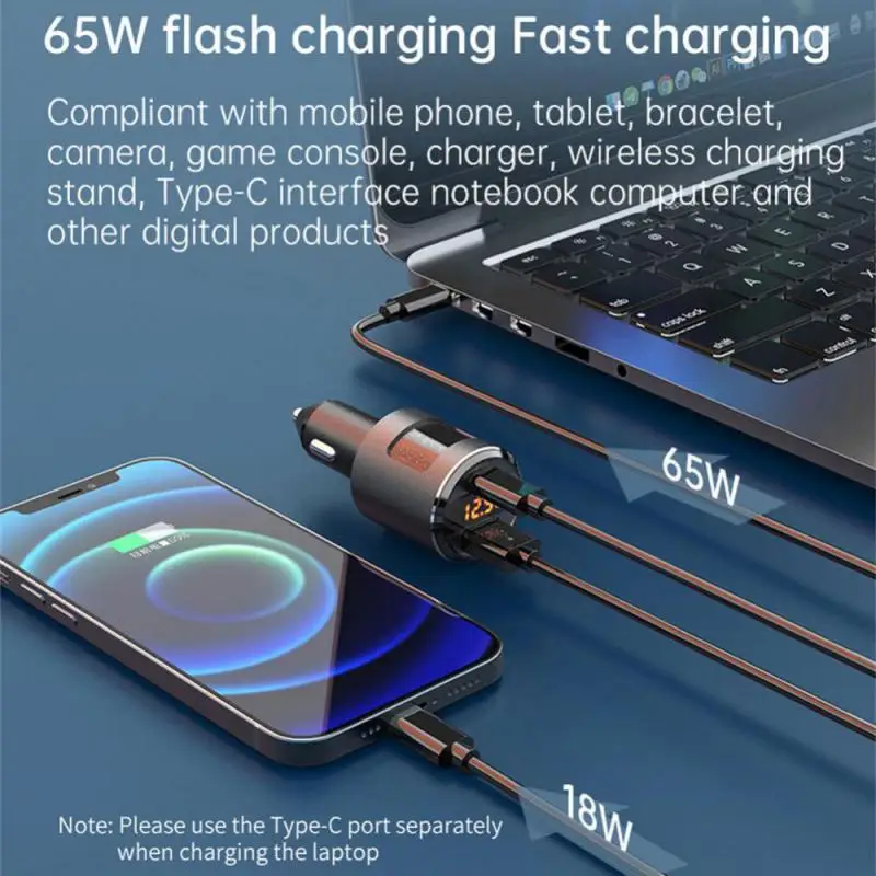 

USB Car Charger 65W PD Fast Charger Charging Quick Charge 2.0 QC 3.0 Type C Charger Cigarette Lighter Power Socket For All Phone