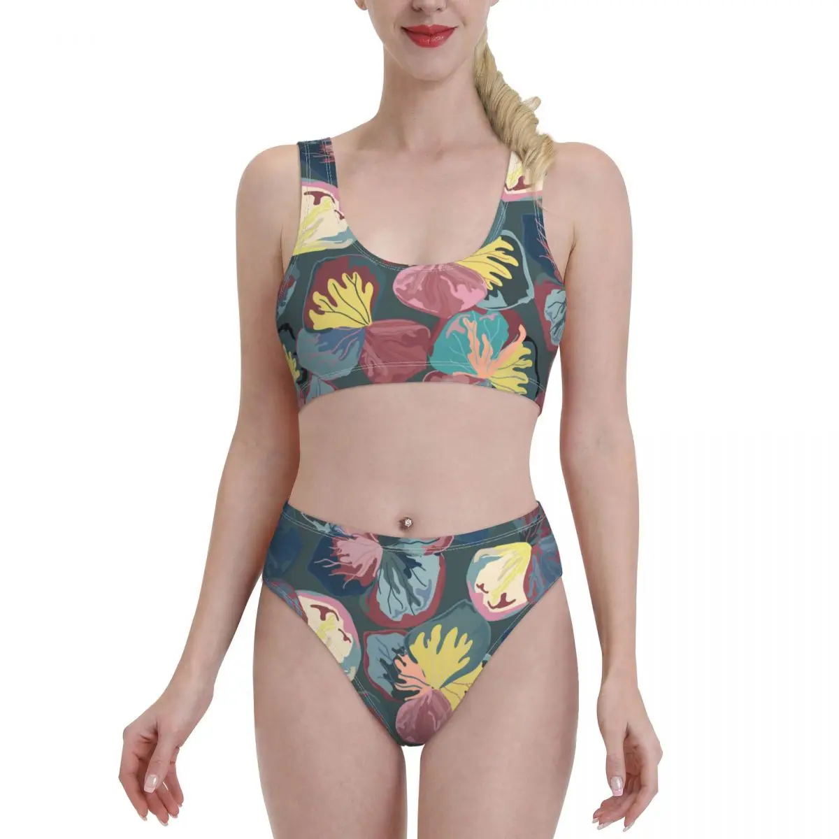 

Bikini Sets for Women High Waisted Bathing Suits Floral Print Scoop Neck 2 Piece Swimsuit 524036791