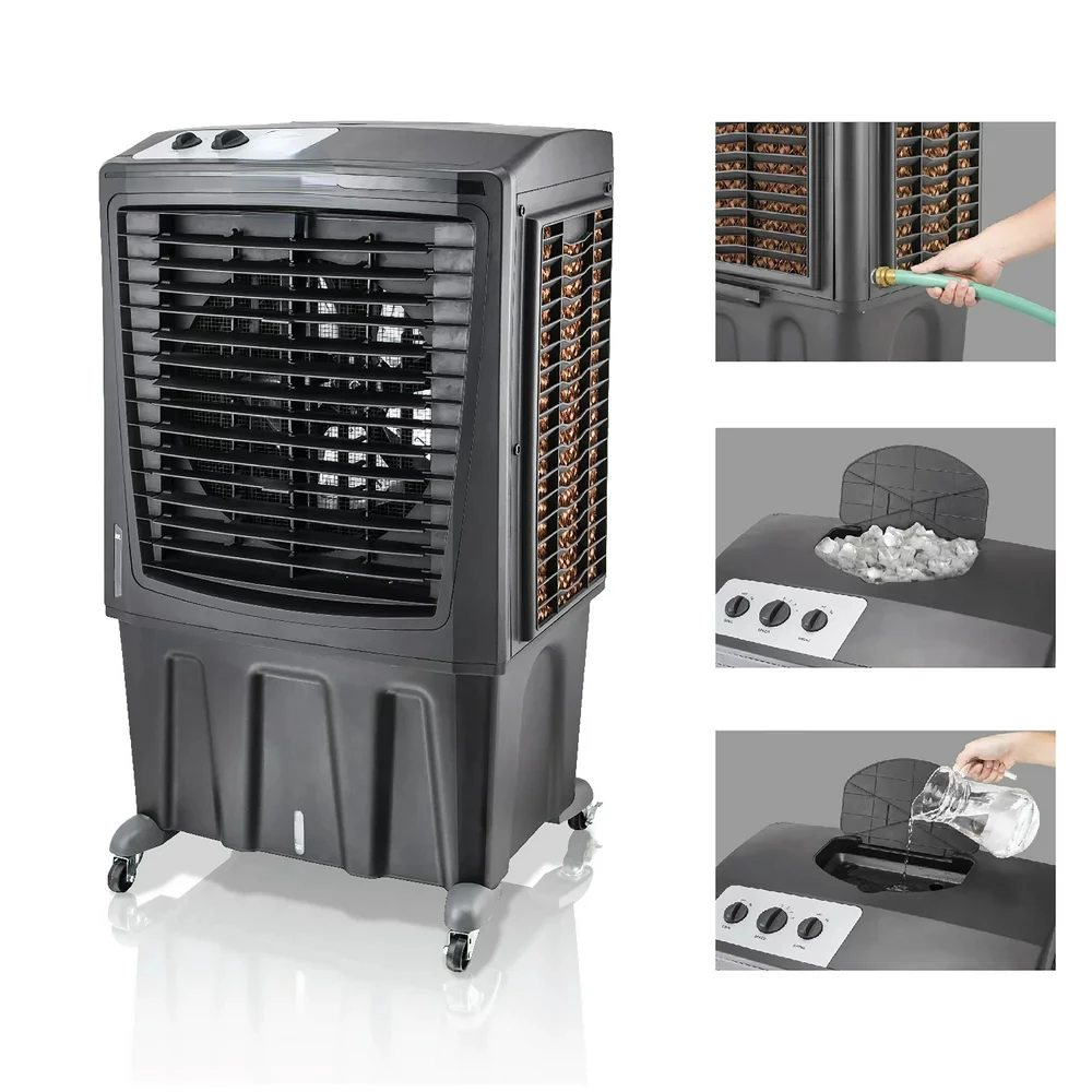 

CFM Outdoor Portable Evaporative Cooler & Fan, 33 ft. Air Throw for Large Outdoor Spaces, Black