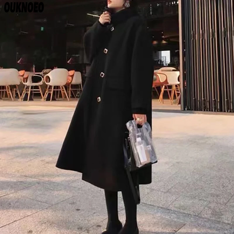 

Winter Luxusy Women Long Woolen Coat Fashion Korean Black Turtleneck Windproof Windbreaker Casual Autumn Women Trench Parka Coat
