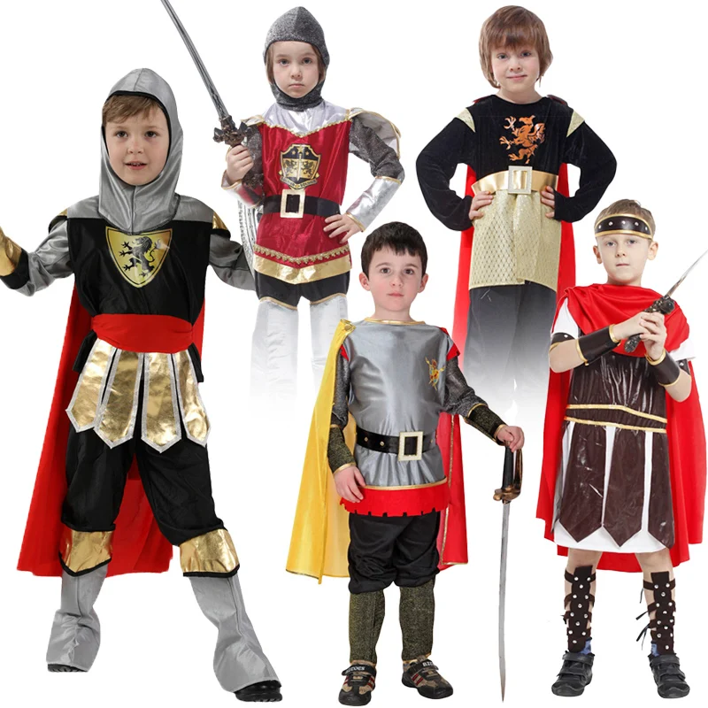 

Halloween Kids Boys Royal Warrior Knight Costumes Soldier Children Medieval Roman Attached Cape Carnival Party No Weapon