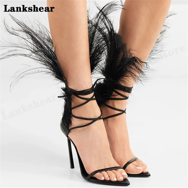 

Ostrich Feather Straps High-Heeled Sandals European and American Large Size 34-46 Ladies Sexy Sandals Catwalk Women's Shoes