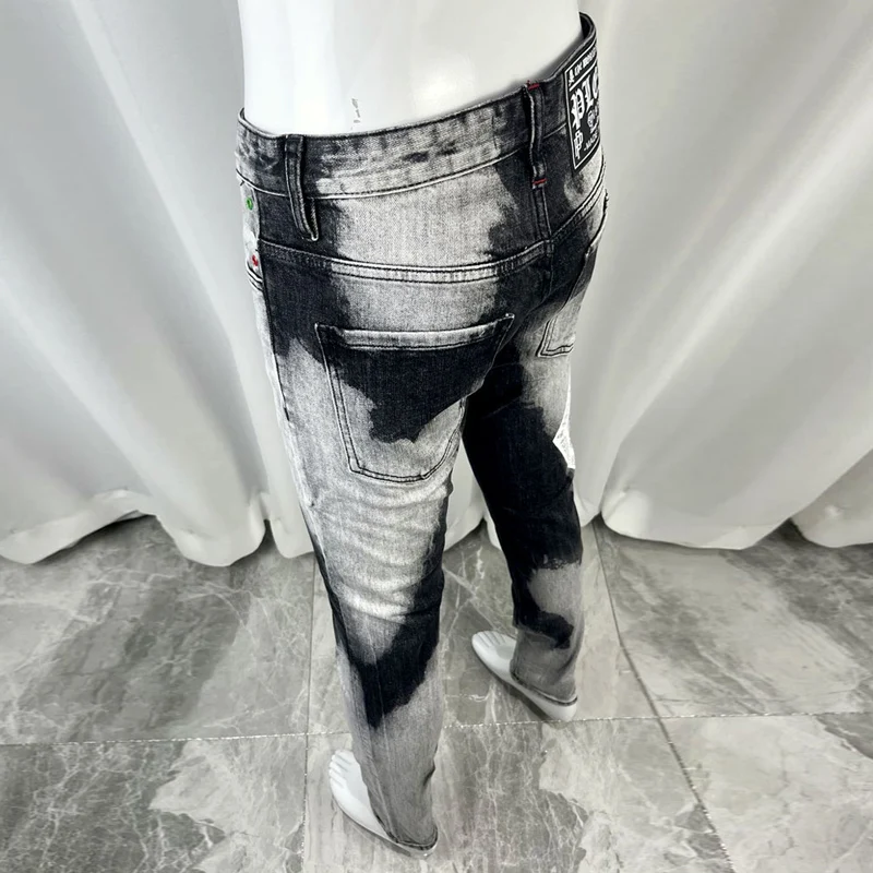 Street Fashion Men Jeans High Quality Retro Black Gray Elastic Slim Fit Printed Jeans Men Brand Designer Hip Hop Pants Hombre
