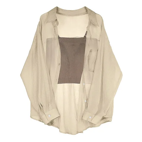 Women Blouses Office Ladies Oversize Loose Tops Long Sleeve See Through Shirt for Women Blouse Korean Fashion Button Up Shirts
