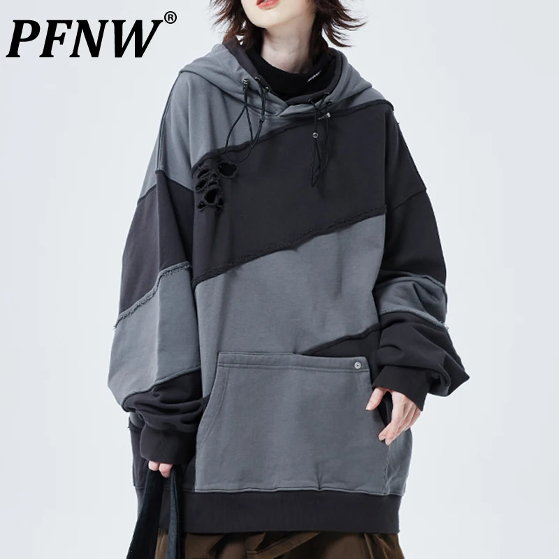 

PFNW Spring Autumn Men's Zipper Split Double Hat Striped Pullovers Casual Vintage Perforated Sweater Tide Worn Out Tops 12A9251