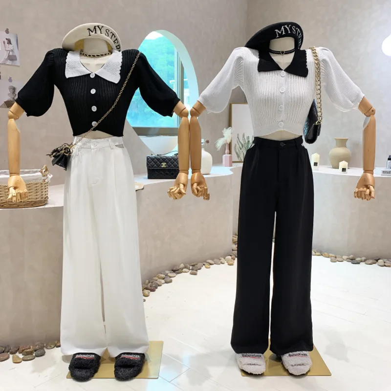

Niche Design New Women 2022 Summer Fashion Lapel Thin Lantern Sleeve Knitted Shirt Top High Waist Wide Legs Pants Two Piece Set