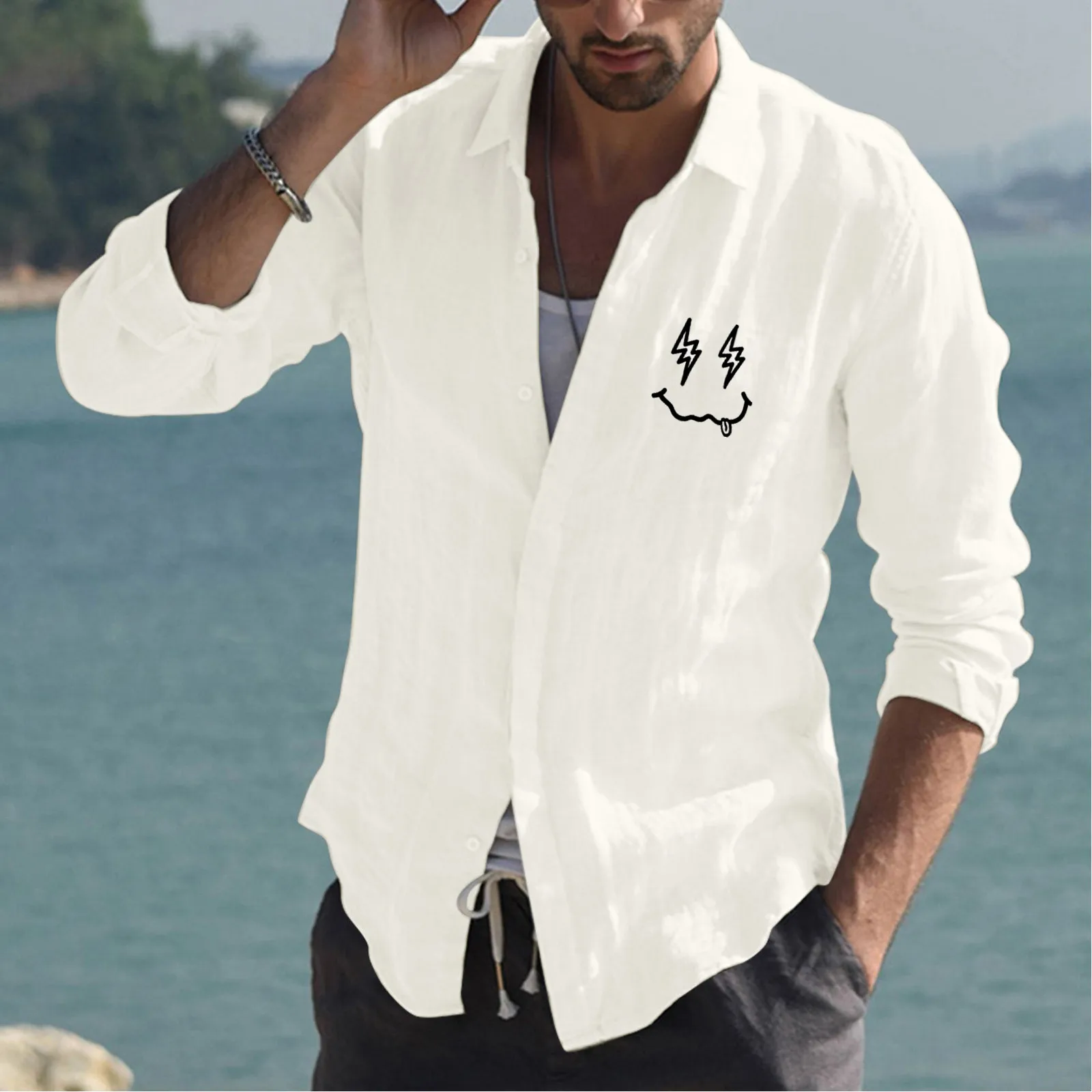 

Mens Fashion Casual Simple Cotton And Linen Small Print Lapel T Shirt Long Sleeve Shirt Top Colorful Shirts Men