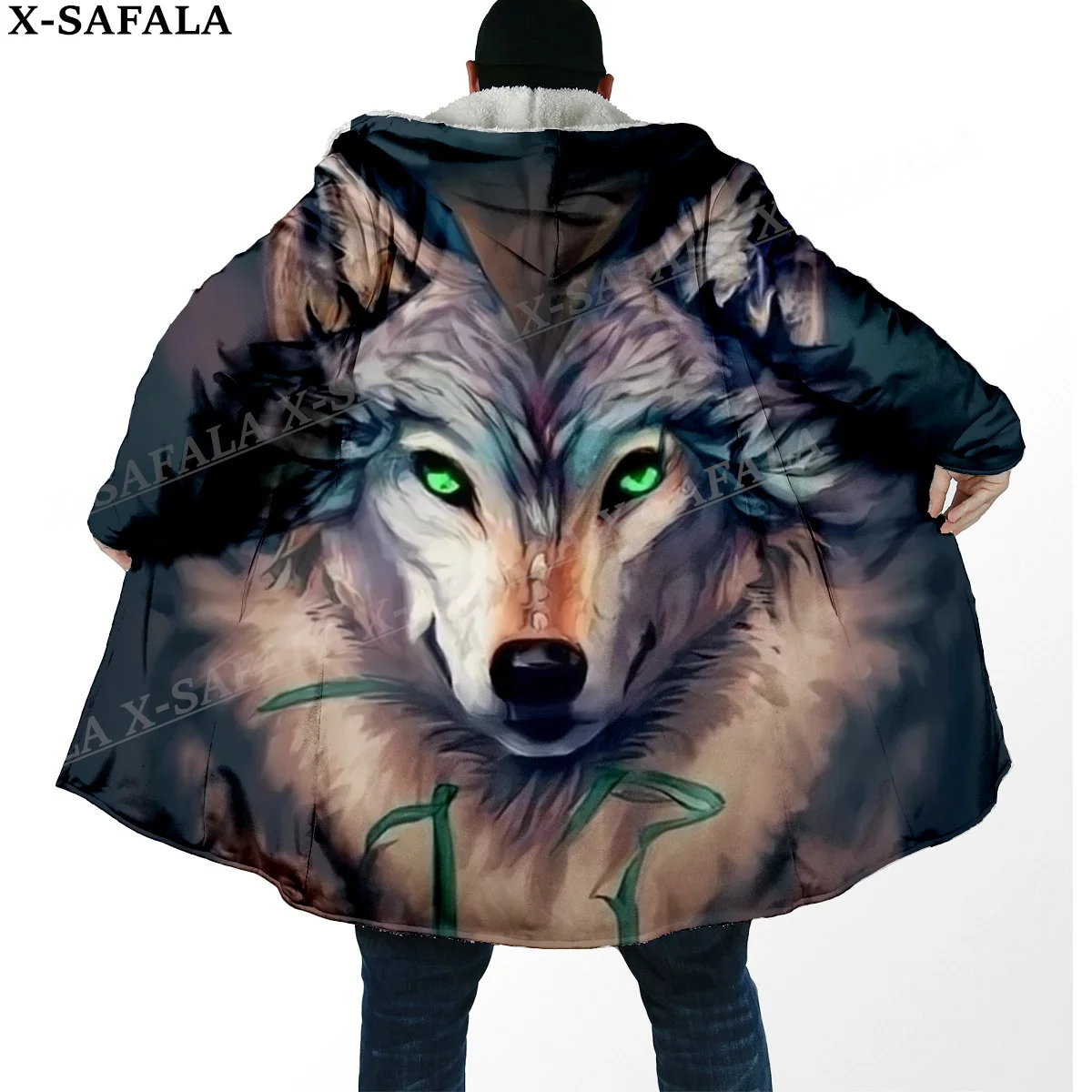 Толстая Теплая мужская накидка с капюшоном и принтом татуировок Okami Wolf пальто