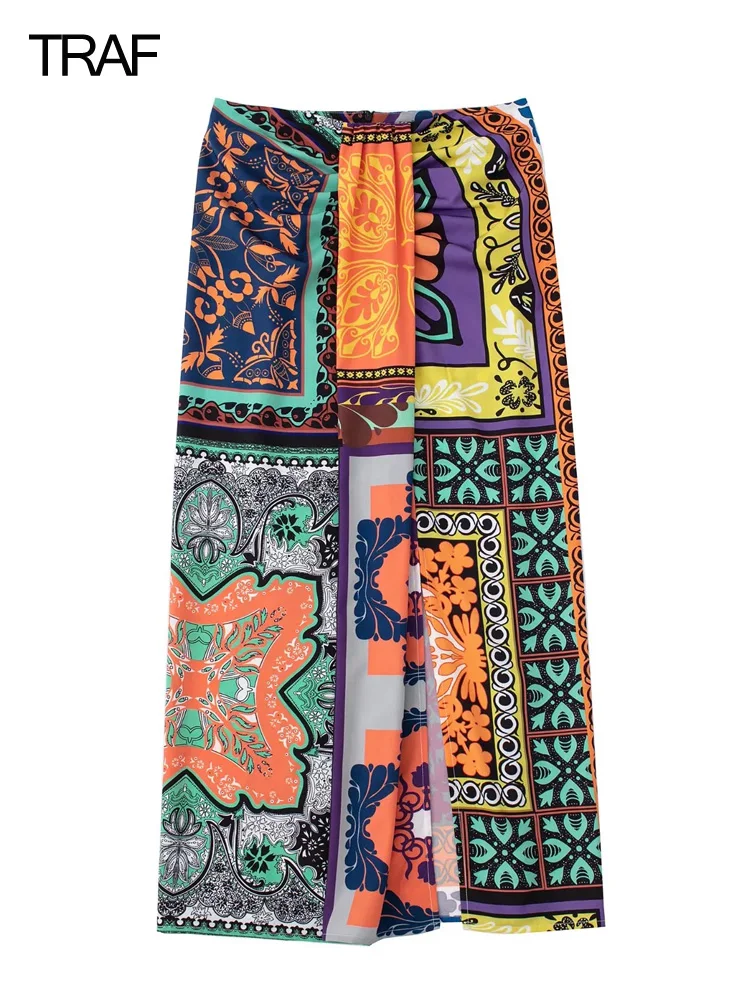 

TRAF Women's Printed Wrap Long Skirt High-Waisted Split Skirts For Women Fashion 2022 Summer Chic And Elegant Women's Skirt Suit