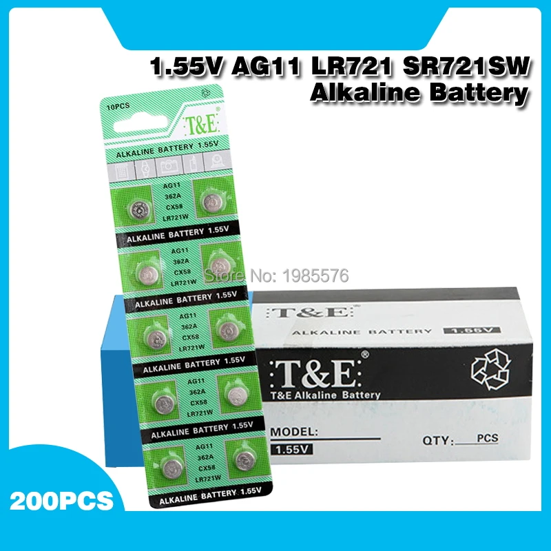 

200pcs 1.55v Ag11 362A SR720 SR721SW SR58 19 162 362 423 532 601 LR721 Button Coin Cell Watch Battery Alkaline Batteries