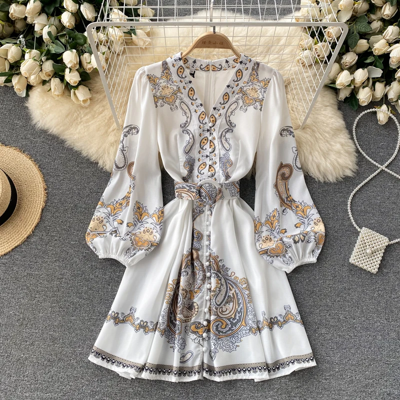 

Exotic Court Style Autumn Print Dress Puffed Sleeves Slim Fairy Puff Sleeve Dress