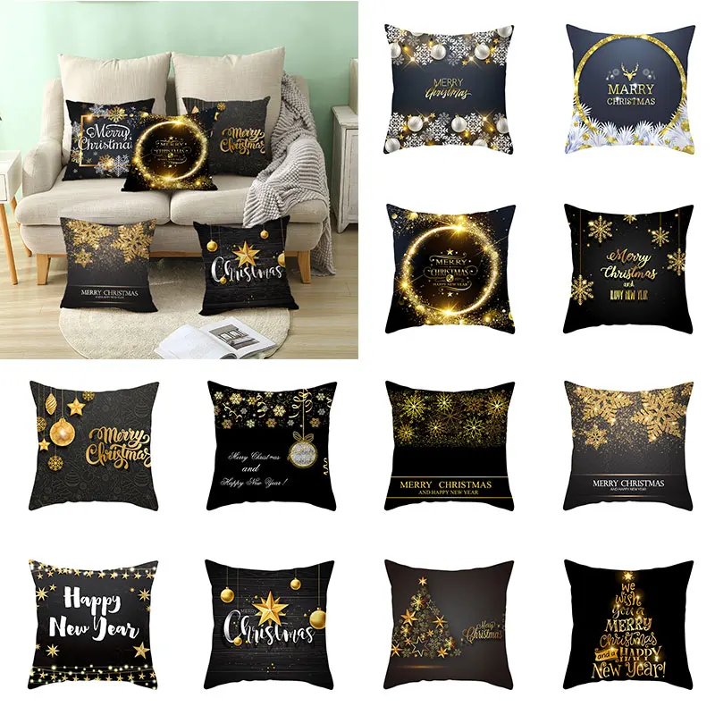 

Peach Skin Black Gold Christmas Pillowcase Home Polyester Sofa Cushion Cover Xmas Decorative Throw Pillow Skin-friendly Delicate