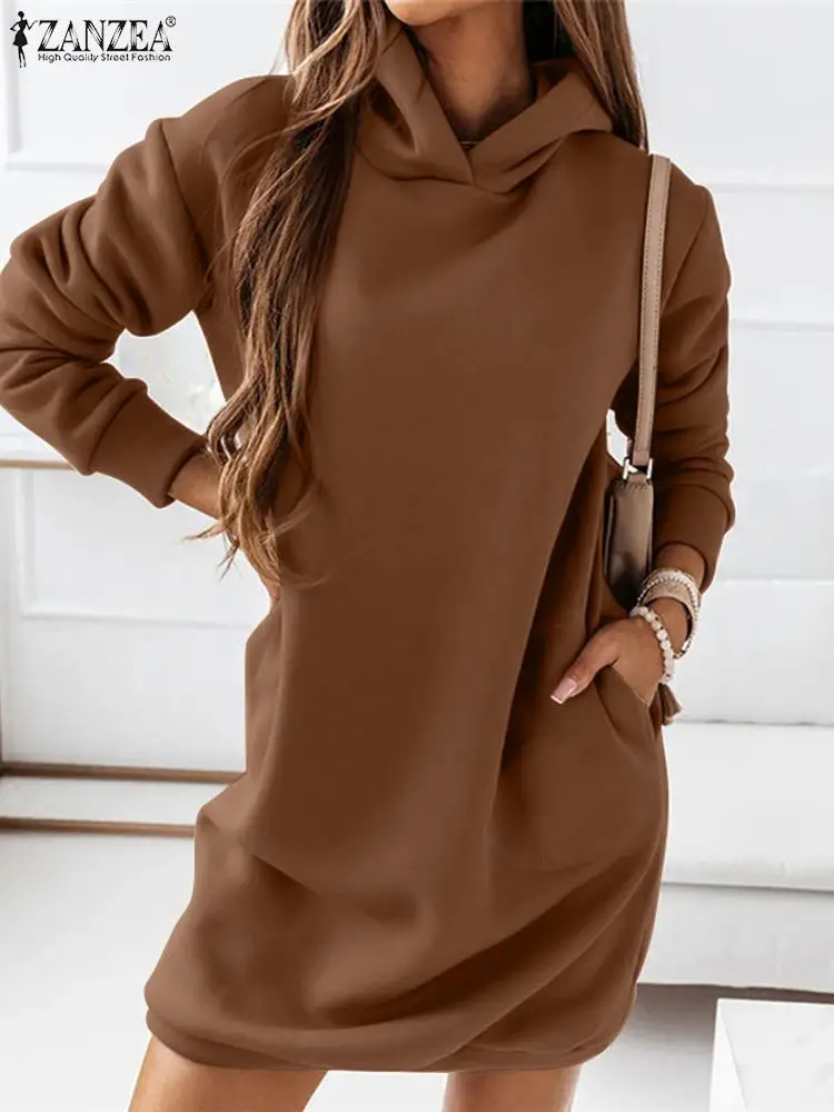 

Повседневный пуловер ZANZEA, свитшот, осень 2023, женское платье с длинным рукавом и капюшоном, модное свободное мини-платье с карманами и кулиской