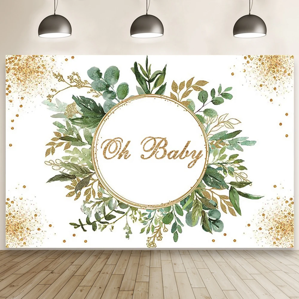 

Green Plant Garland Backdrop Golden Glitter Baby Shower Studio Photography Photo Room Decoration Booth Backgrounds