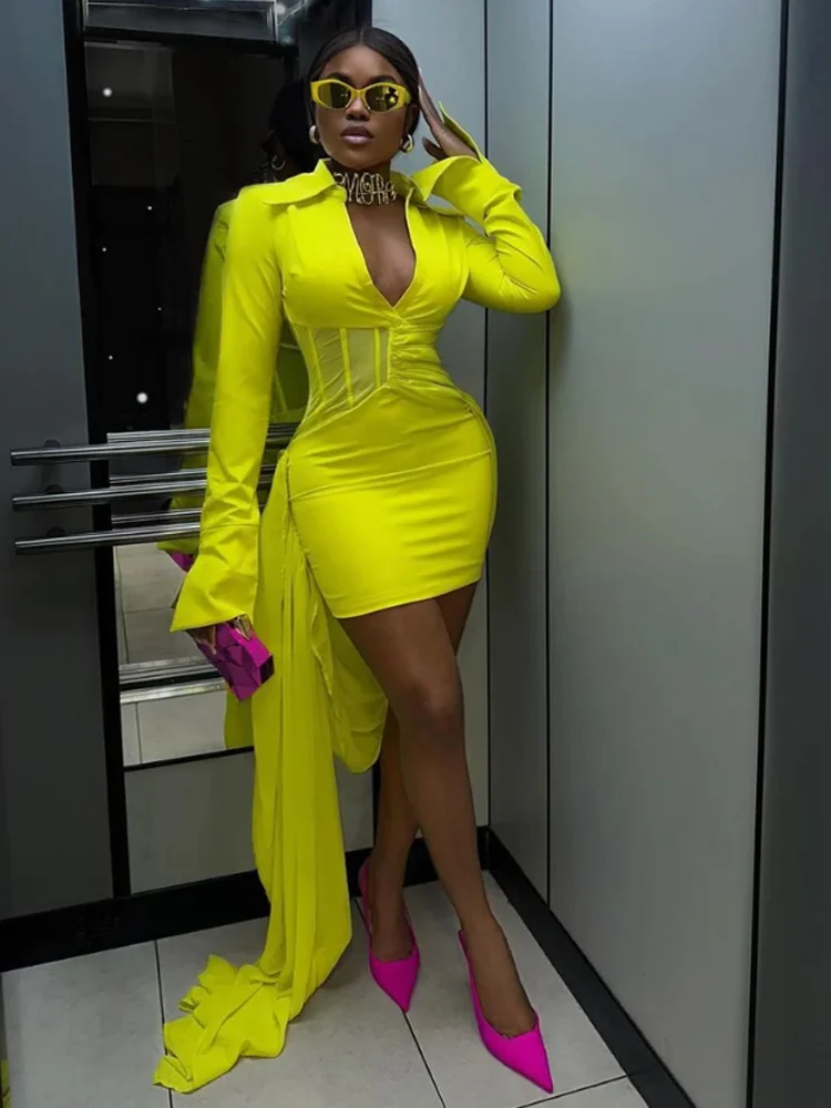 

Ladies All Season Sexy Irregular Long Sleeve Button Bandage Mini Dress 2023 Elegant Nightclub Party Dress