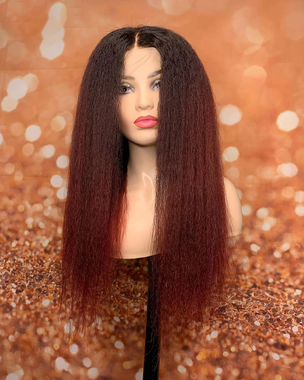 

Ombre Burgundy Natural 26Inch Long Yaki Kinky Straight 99j Lace Front Wig For Black Women Preplucked Heat Resistant Fiber Daily