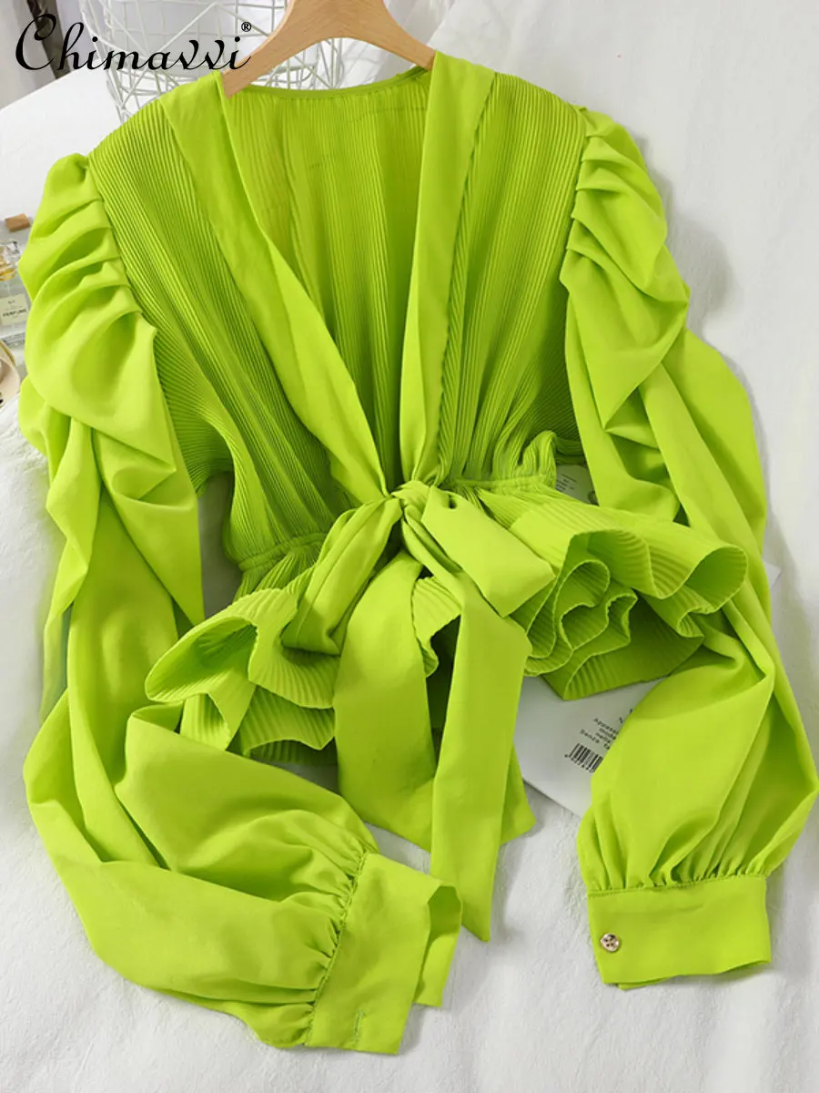 

Elegant Bandage Waist-Tight Solid Color Bow Shirt Women's Korean Fashion Pleated Bubble Long Sleeve Blouse Slimming Tops