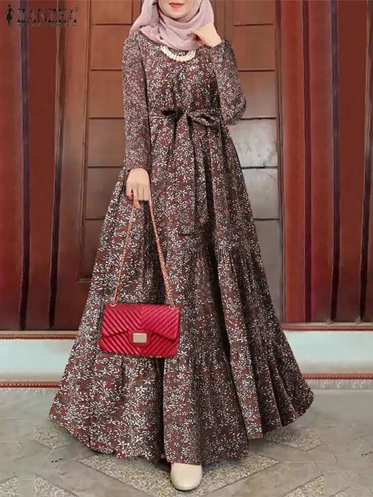 ZANZEA-vestido de primavera con estampado Floral para mujer, ropa islámica de manga larga con cuello redondo, puños con botón, caftán, Turquía, con cordones, informal