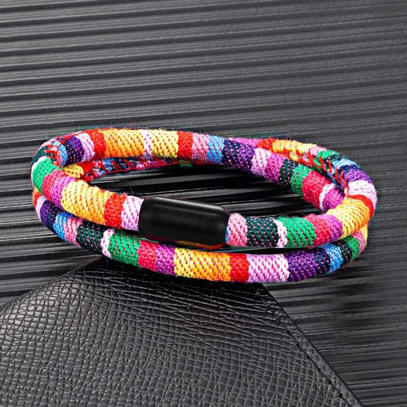 

MKENDN Boho Surfer Bracelet for Men Women Waterproof Multi Coloured Black Magnet Buckle Bracelets Beach Summer Festival Jewelry