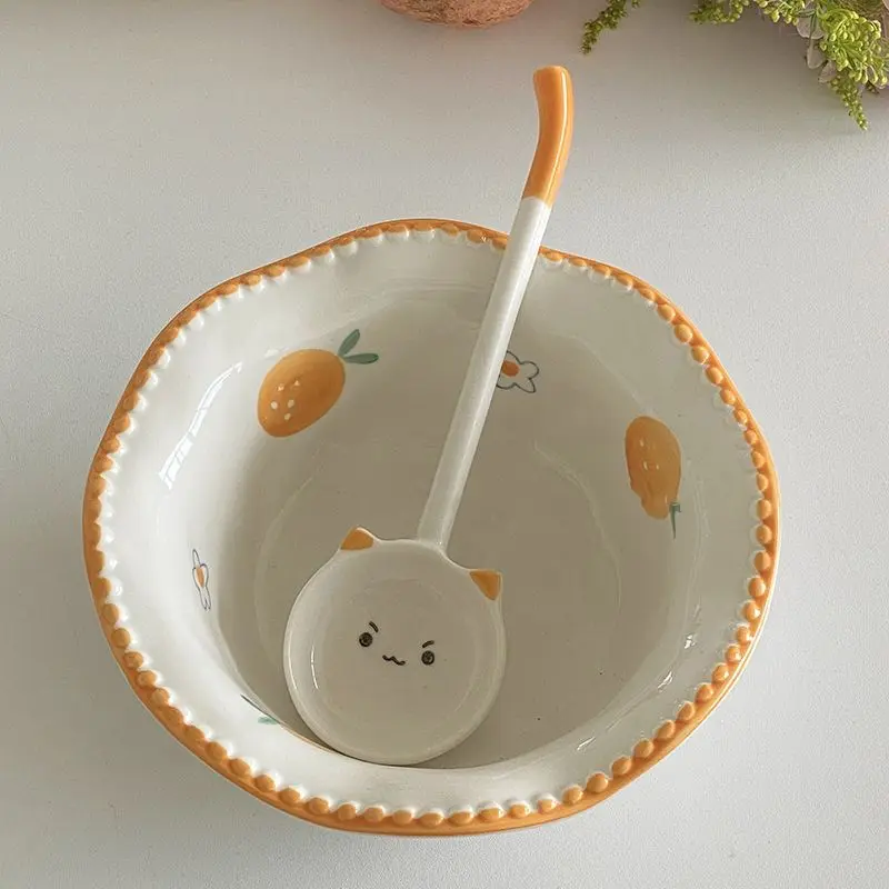 

Ins Ceramic Lace Bowl Set Cute Irregular Design Rice Bowl Household Cat Tableware Set Soup Long Handle Spoon Kitchen Supplies