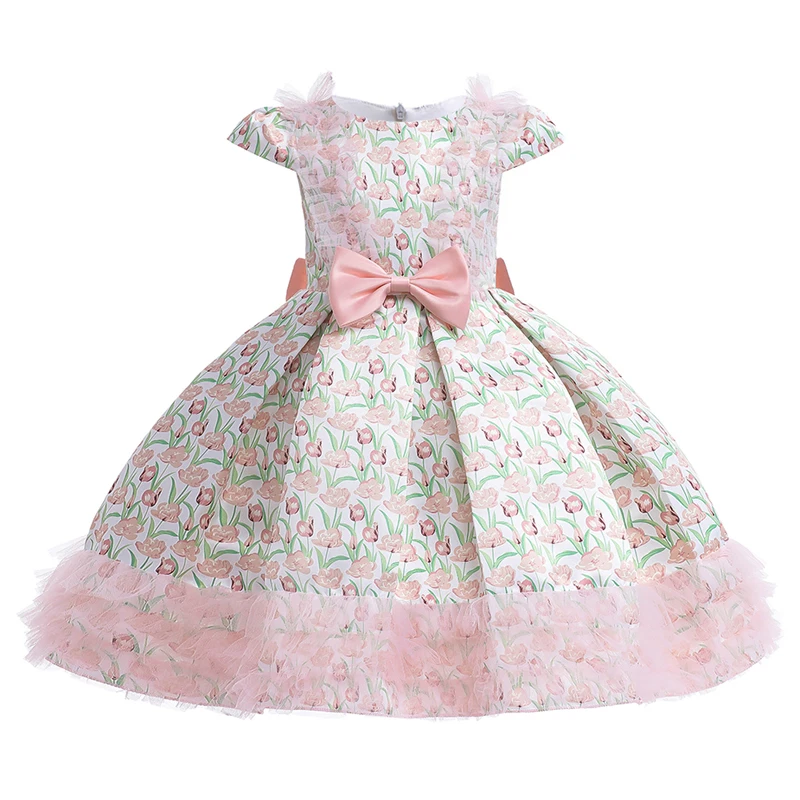 

Платье принцессы для девочек, кружевное платье с бантом, летняя детская одежда, винтажные платья с цветочным принтом для девочек на день рож...