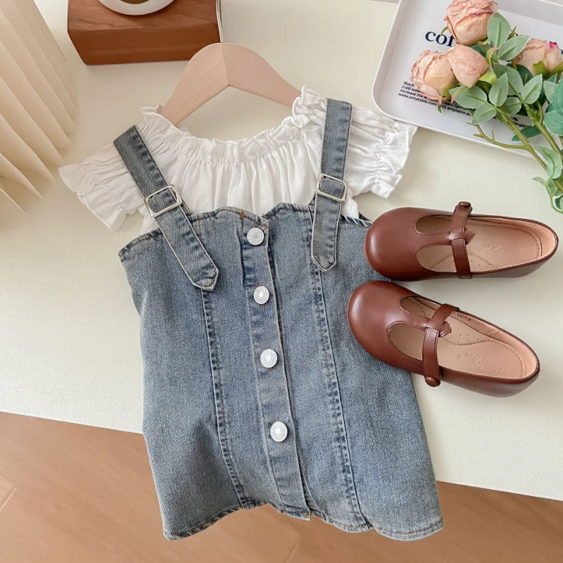 

New Arrival Girls' Summer Denim Slip Dress with Cotton Short-sleeved Two-piece Set, Free Shipping Suitable for Ages 2 To 8