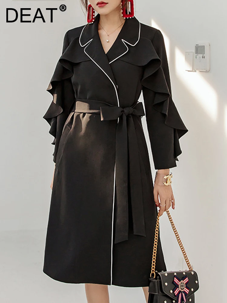 

DEAT Fashion Women Dress Notched Collar Long Sleeve Belt Waist Contrast Color Line Pleated Black Dresses Autumn 2023 New 17A501
