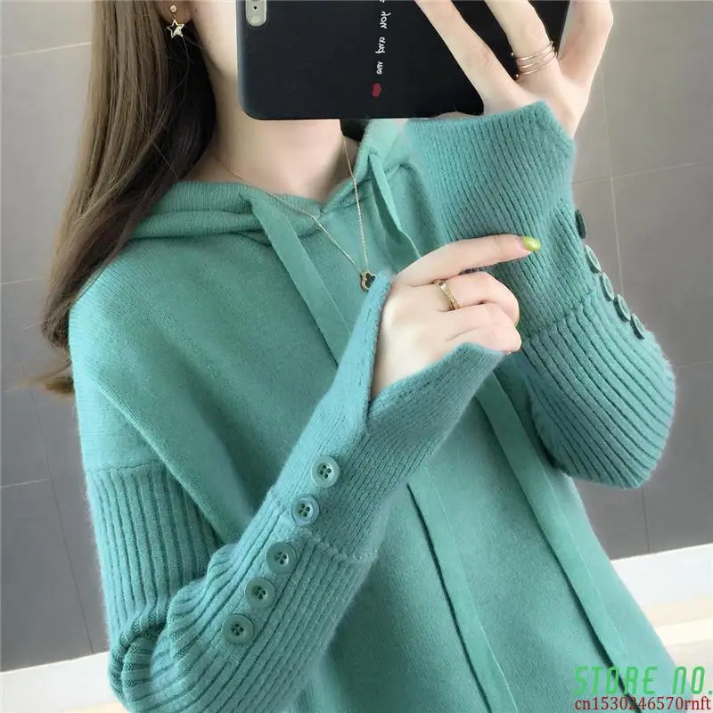 

2021autumn Winter New Women's Hooded Pullover Knitted Coat Loose Solid Color Button Long Sleeve Knitting