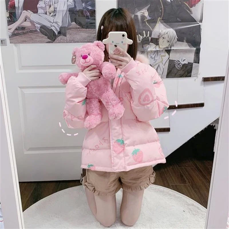Winter 2022 New Japanese Women's Sweet Coat Cartoon Print Warm Coat Girl Kawaii Hooded Coat Fashionable Female Woman Jacket
