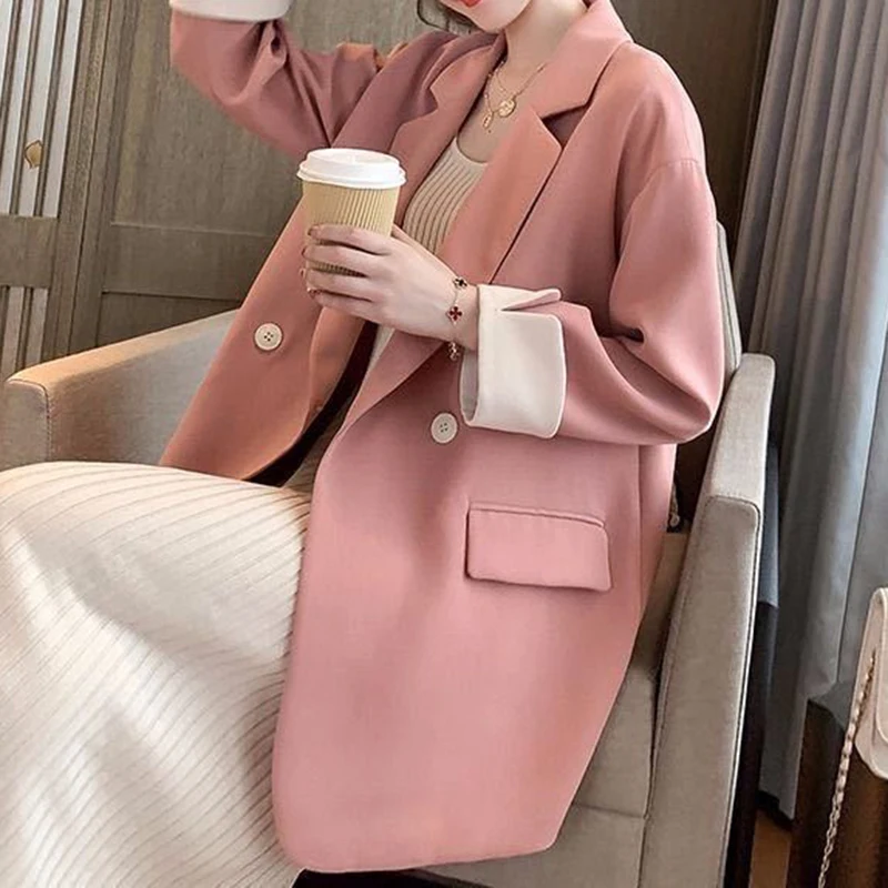 Корейский розовый маленький костюм пальто женский двубортный свободный