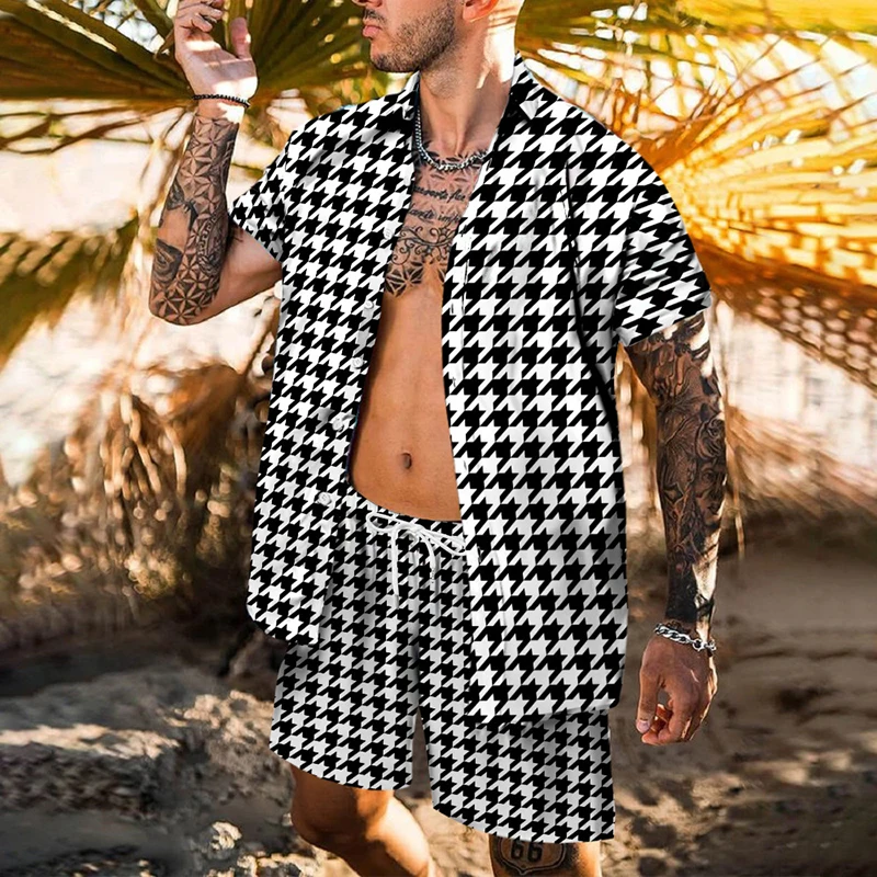 

New fashion Hawaiian shirt suit men's printed suit short sleeve summer casual plaid shirt Beach two-piece men's suit S-3XL