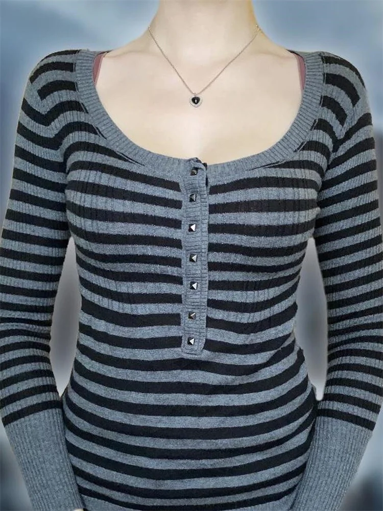 

CHRONSTYLE Grunge Aesthetic Tees Tops y2k Women Gothic Striped Buttons Long Sleeve T Shirts 90s Female Clothes Casual Streetwear